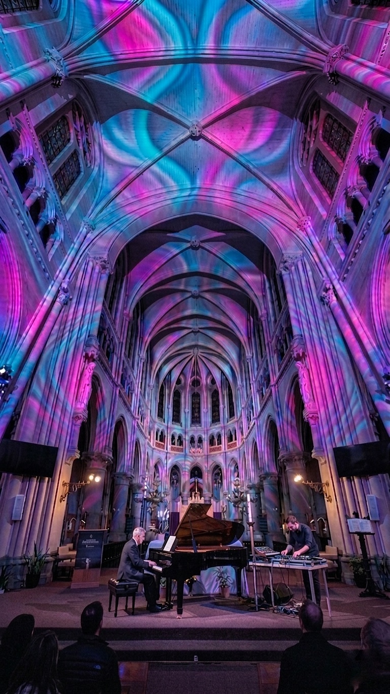 Interior cathedral with dramatic pink, purple and teal light projections on Gothic vaulted ceiling, grand piano and electronic equipment on stage