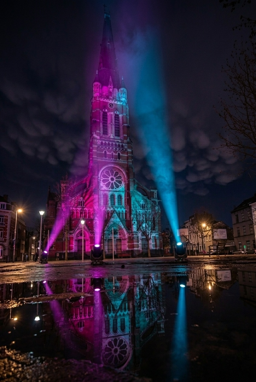 Church exterior with pink and teal spotlight beams shooting into cloudy sky, reflected in wet pavement