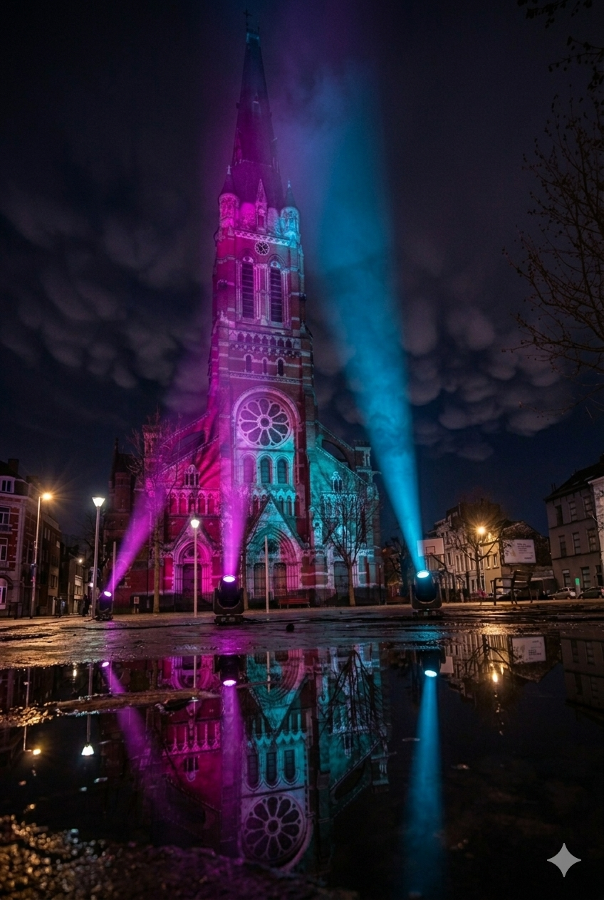 Church exterior with cyan spotlight beams shooting into cloudy sky, reflected in wet pavement