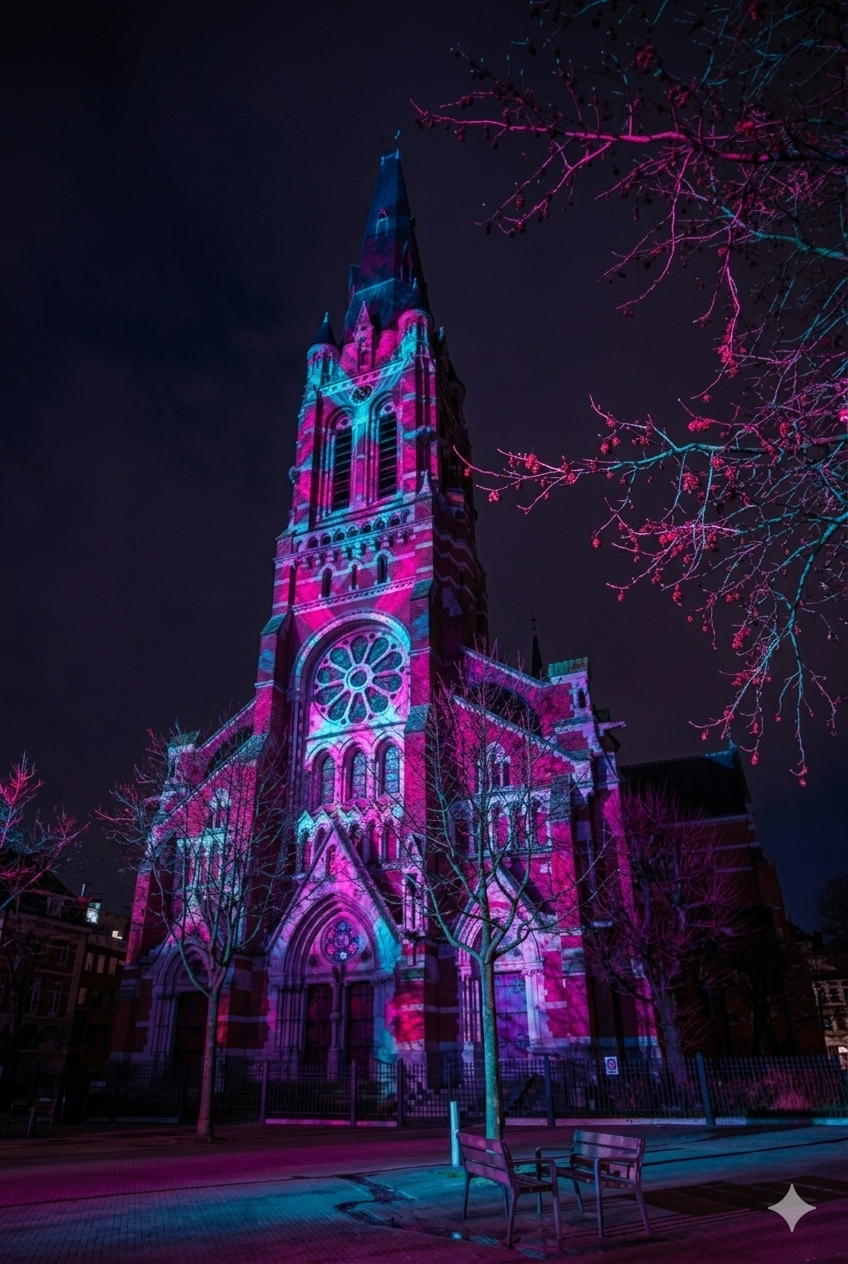 Church exterior with pink and cyan projections, benches in foreground