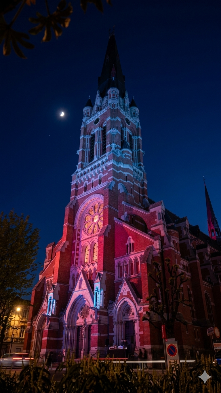 Exterior church tower at night illuminated in red and pink with moon in background