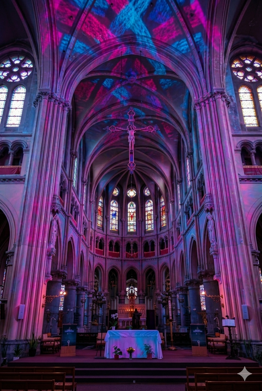 Church interior with crucifix, stained glass windows and cyan magenta ceiling projections