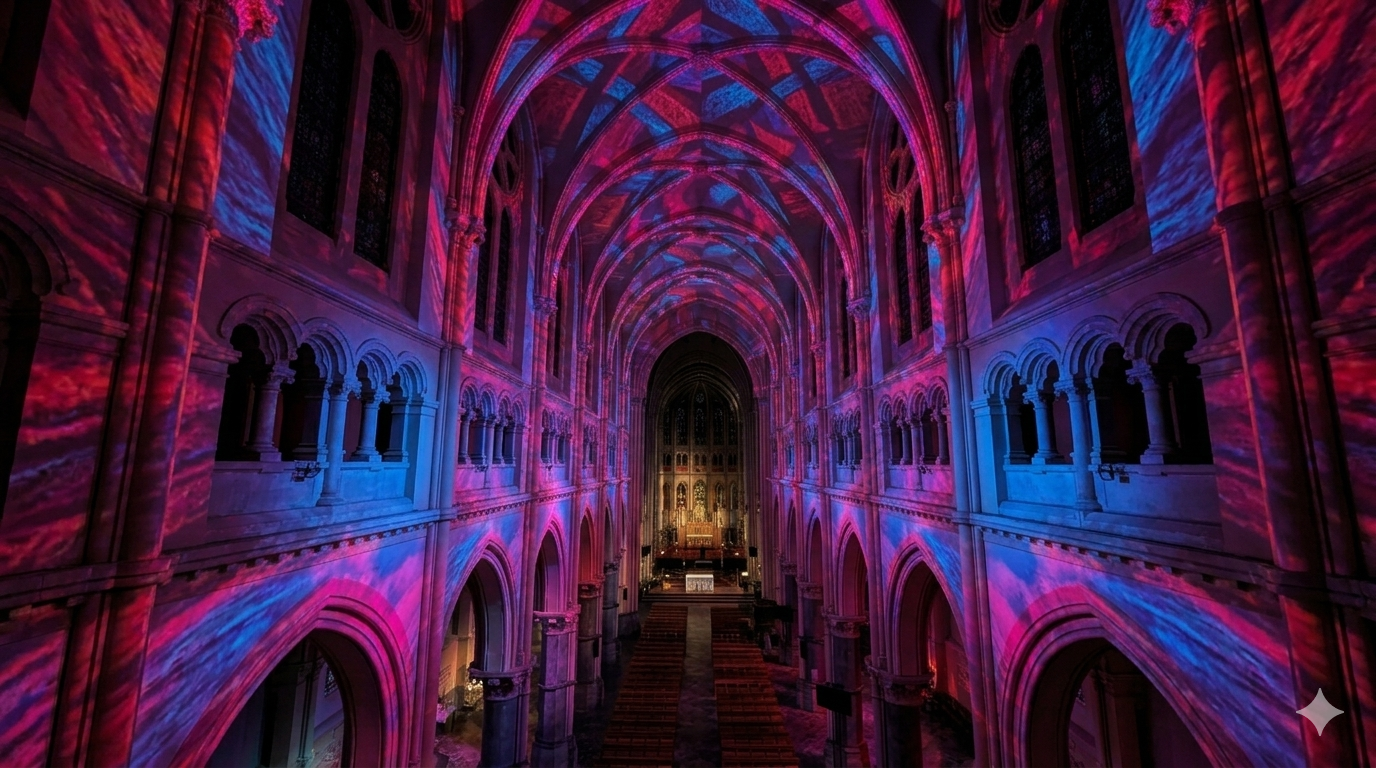 Wide symmetrical interior view with pink, red and blue projections