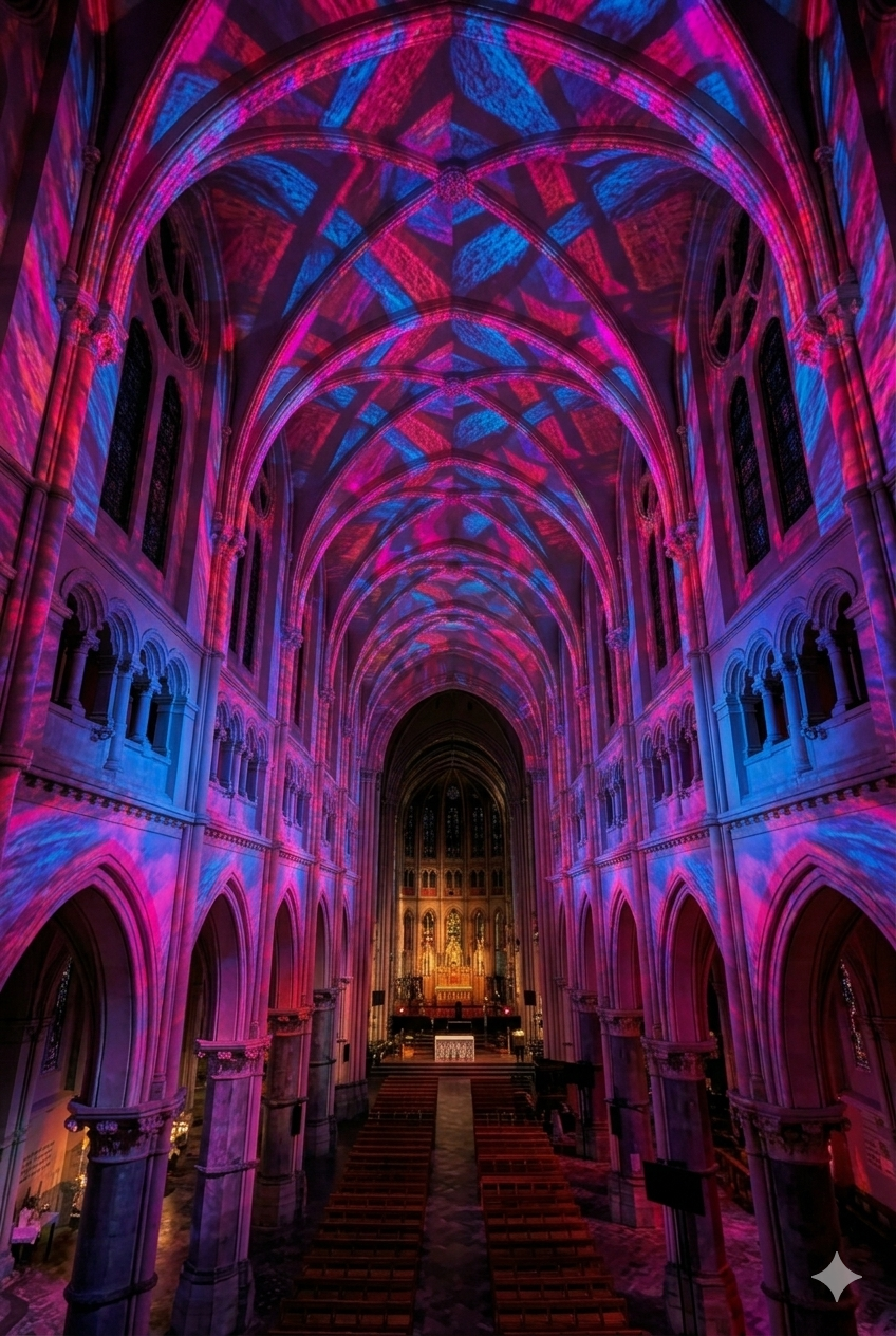 Sint-Willibrorduskerk interior with immersive light show